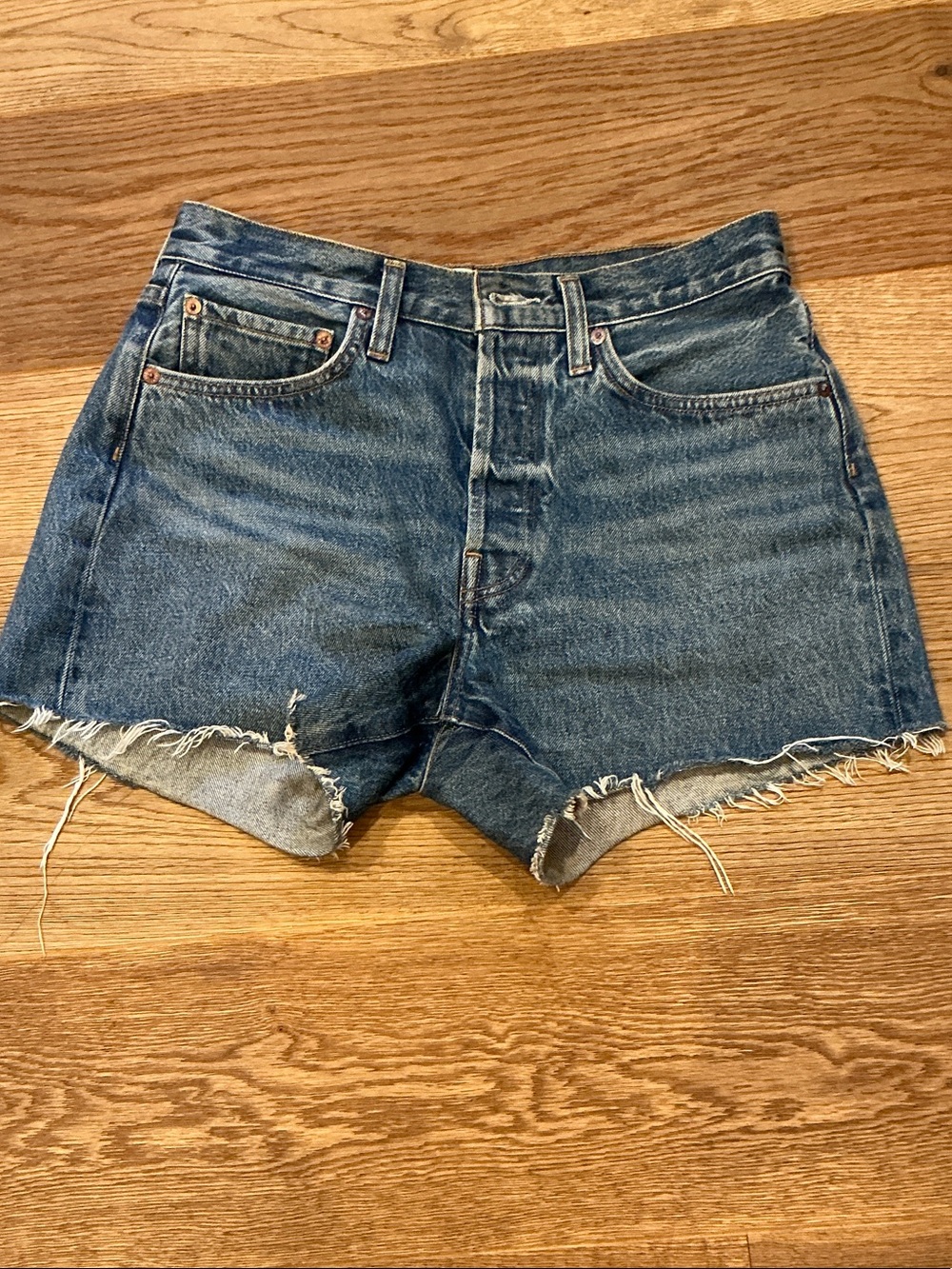 Agolde Distressed Blue High-Rise Denim Shorts